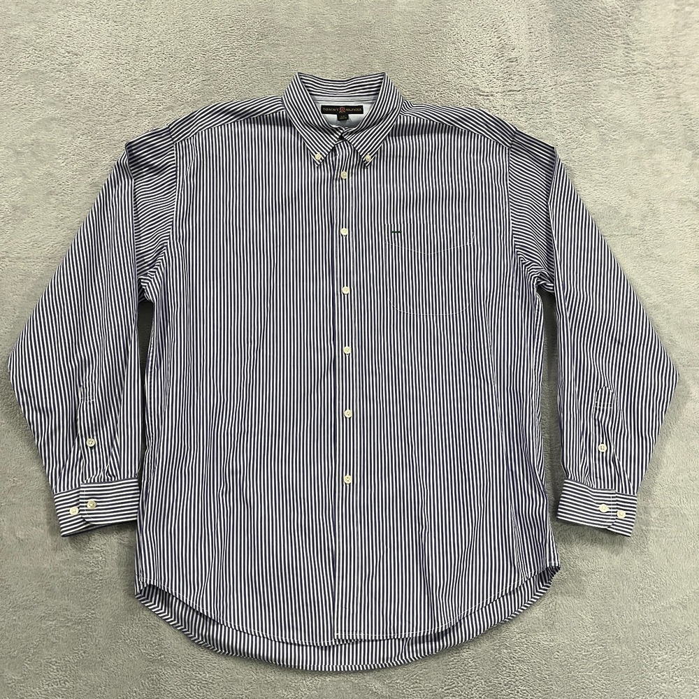 vTG Tommy Hilfiger Golf Shirt Men's L Button Up Striped 90s Preppy